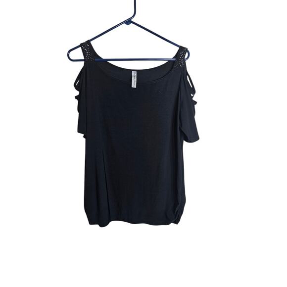 PerSeption Concept Black Blouse Cutout Sleeves Sz L - Picture 2 of 9